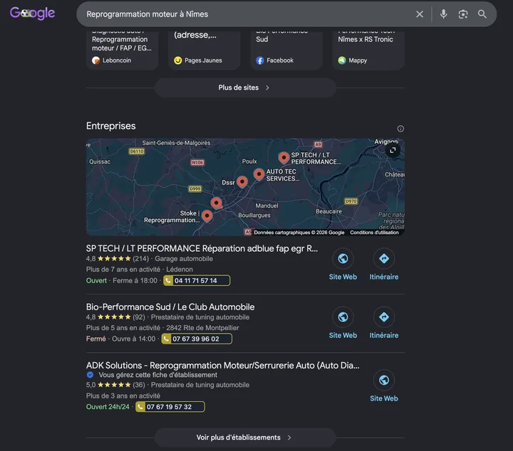 Capture de Google du 22 juin 2026 : ADK Solutions en 3e position sur « reprogrammation moteur à Nîmes »