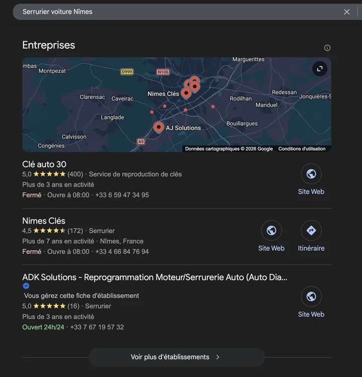 Capture de Google : ADK Solutions en 3e position sur « serrurier voiture Nîmes »