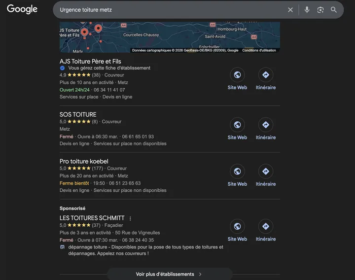 Capture de Google du 27 avril 2026 : AJS Toiture Père et Fils en 1re position sur « urgence toiture Metz »