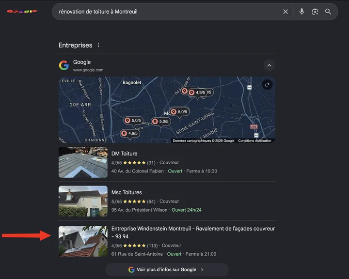 Capture de Google du 27 septembre 2026 : Entreprise Windenstein en 3e position sur « rénovation de toiture à Montreuil »